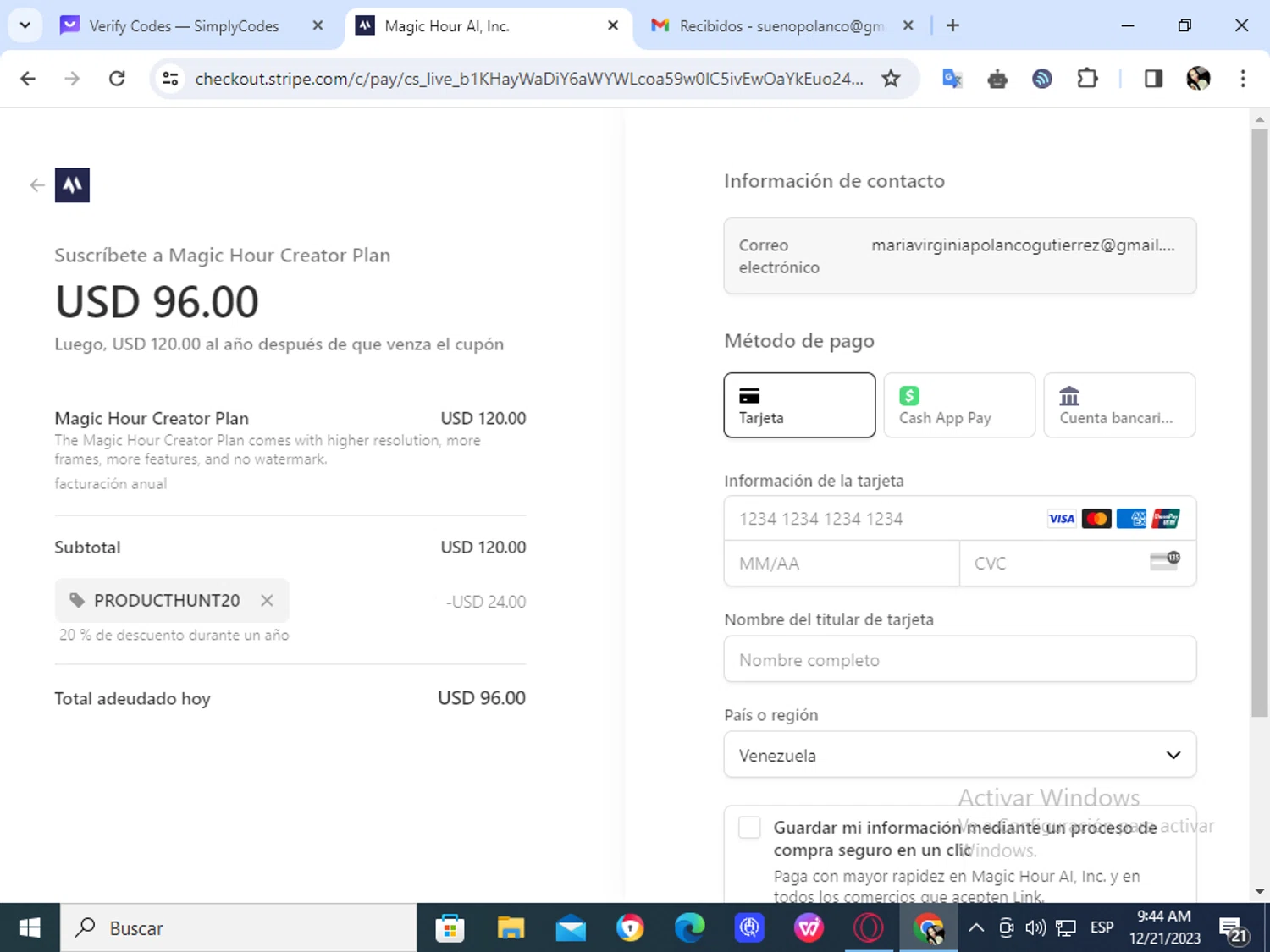 Magic Hour AI checkout page showing Magic Hour AI promo code box | Screenshot taken by SimplyCodes community member on Dec 21, 2023