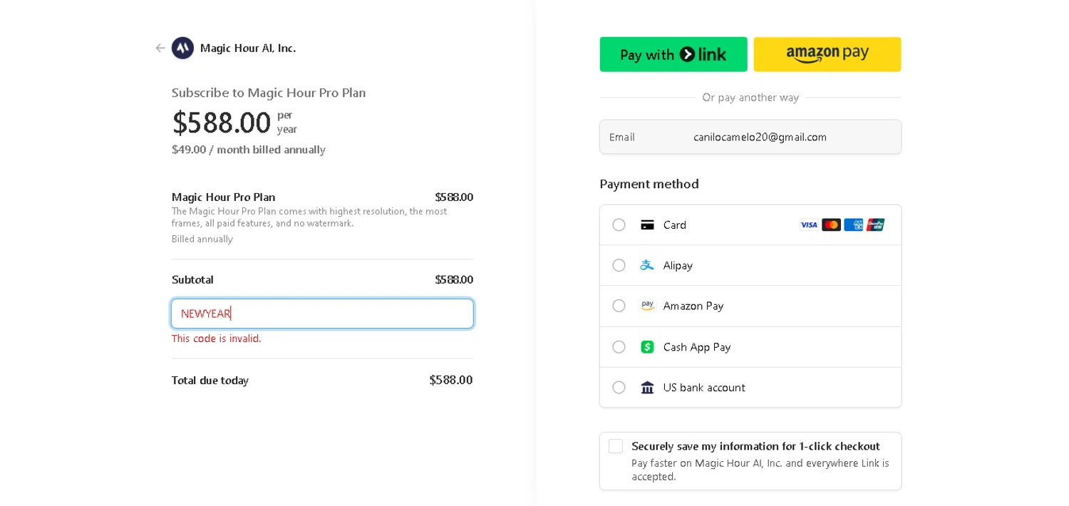 Magic Hour AI promo code screenshot showing code THANKYOU applied at Magic Hour AI checkout page. Uploaded by SimplyCodes community member MagnificentCurator5441 on Apr 20, 2025