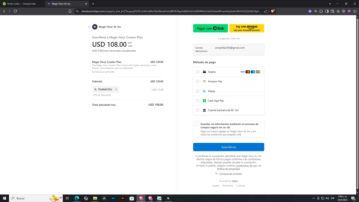 Magic Hour AI promo code screenshot showing code THANKYOU applied at Magic Hour AI checkout page. Uploaded by SimplyCodes community member NobleLegend6162 on Apr 20, 2025