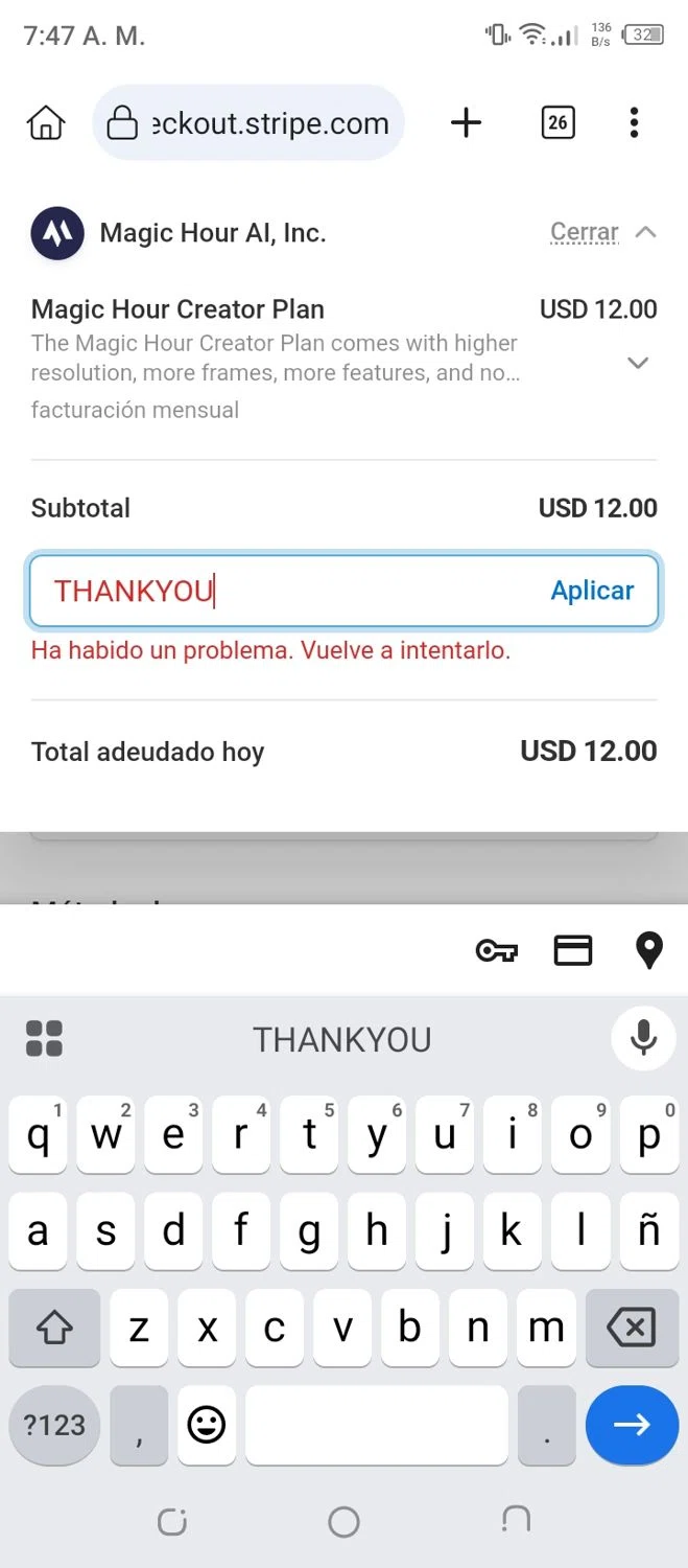 Magic Hour AI promo code screenshot showing code THANKYOU applied at Magic Hour AI checkout page. Uploaded by SimplyCodes community member luissilva2 on Apr 20, 2025
