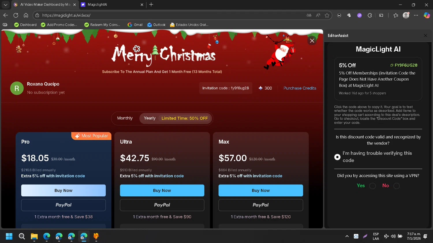 MagicLight AI checkout page showing MagicLight AI promo code box | Screenshot taken by SimplyCodes community member on Jan 7, 2026