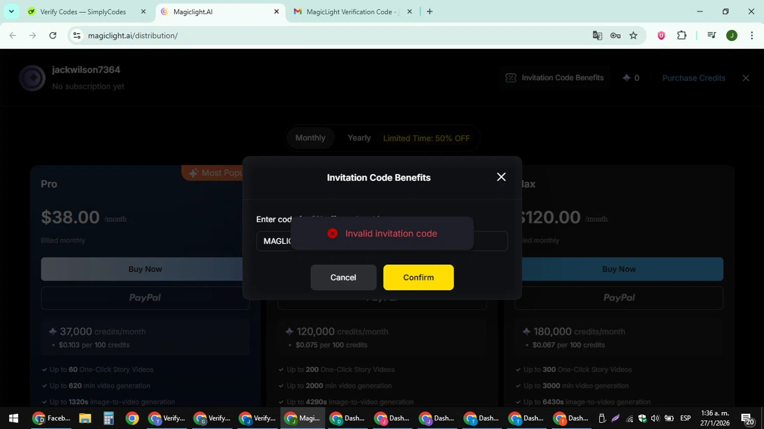 MagicLight AI promo code screenshot showing code MAGLIGHT12 applied at MagicLight AI checkout page. Uploaded by SimplyCodes community member ShieldFinder369 on Jan 27, 2026