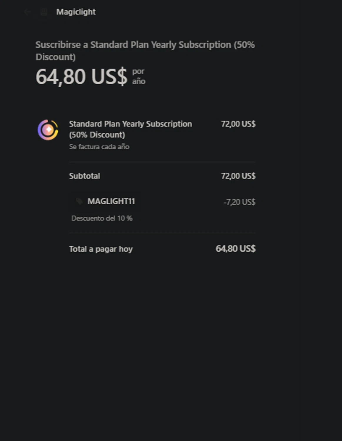 MagicLight AI promo code screenshot showing code MAGLIGHT11 applied at MagicLight AI checkout page. Uploaded by SimplyCodes community member PromoFalcon7590 on Dec 22, 2025