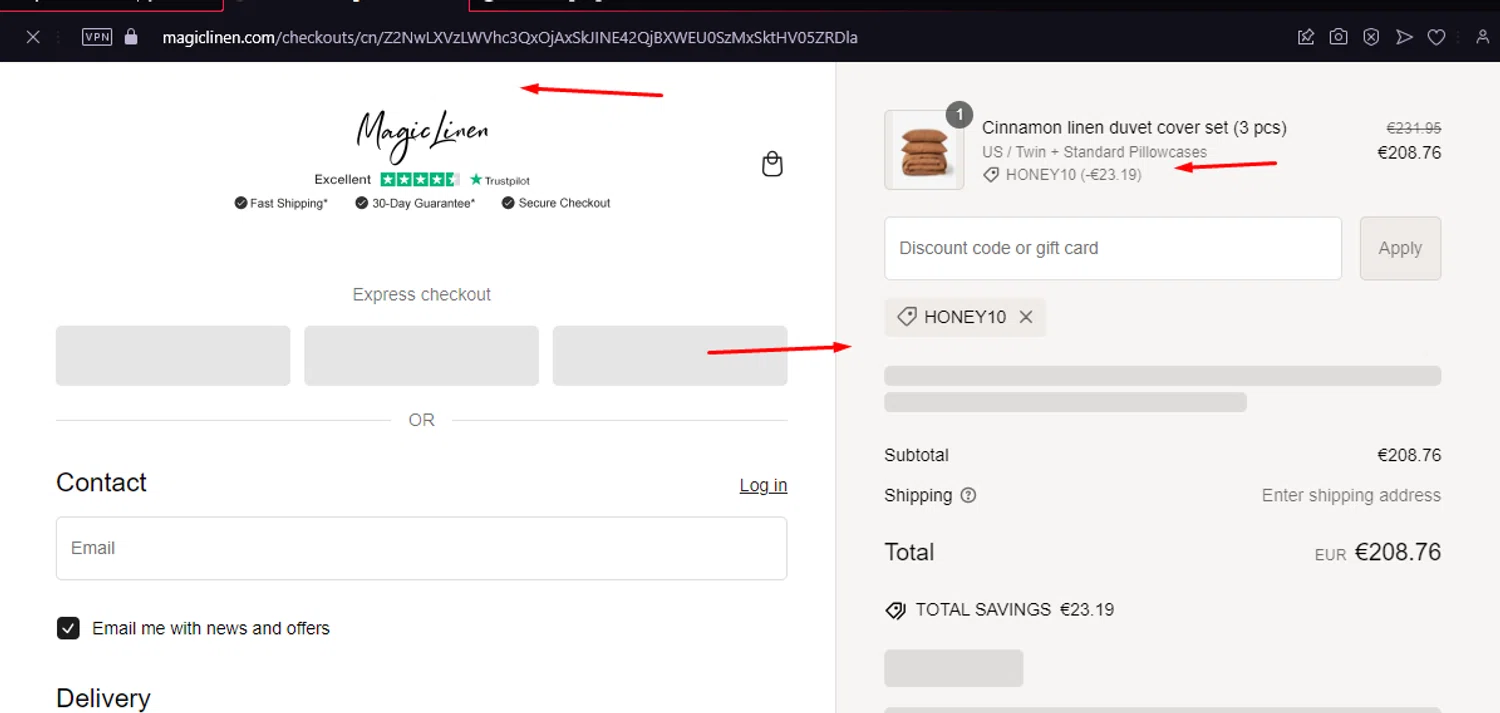 where to use Magic Linen promo code box