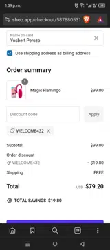 WELCOME432 coupon verification screenshot