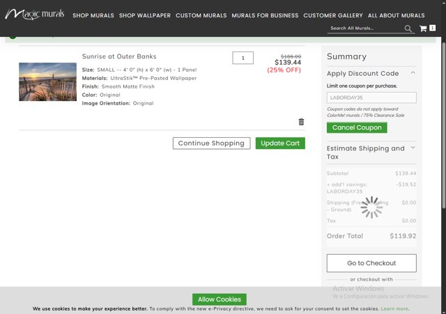 Magic Murals checkout page showing Magic Murals discount code box | Screenshot taken by SimplyCodes community member on Aug 28, 2025