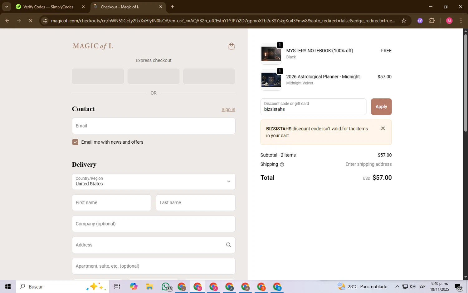 Magic of I discount code screenshot showing code bizsistahs applied at Magic of I checkout page. Uploaded by SimplyCodes community member Chambeadoranonimo on Nov 19, 2025