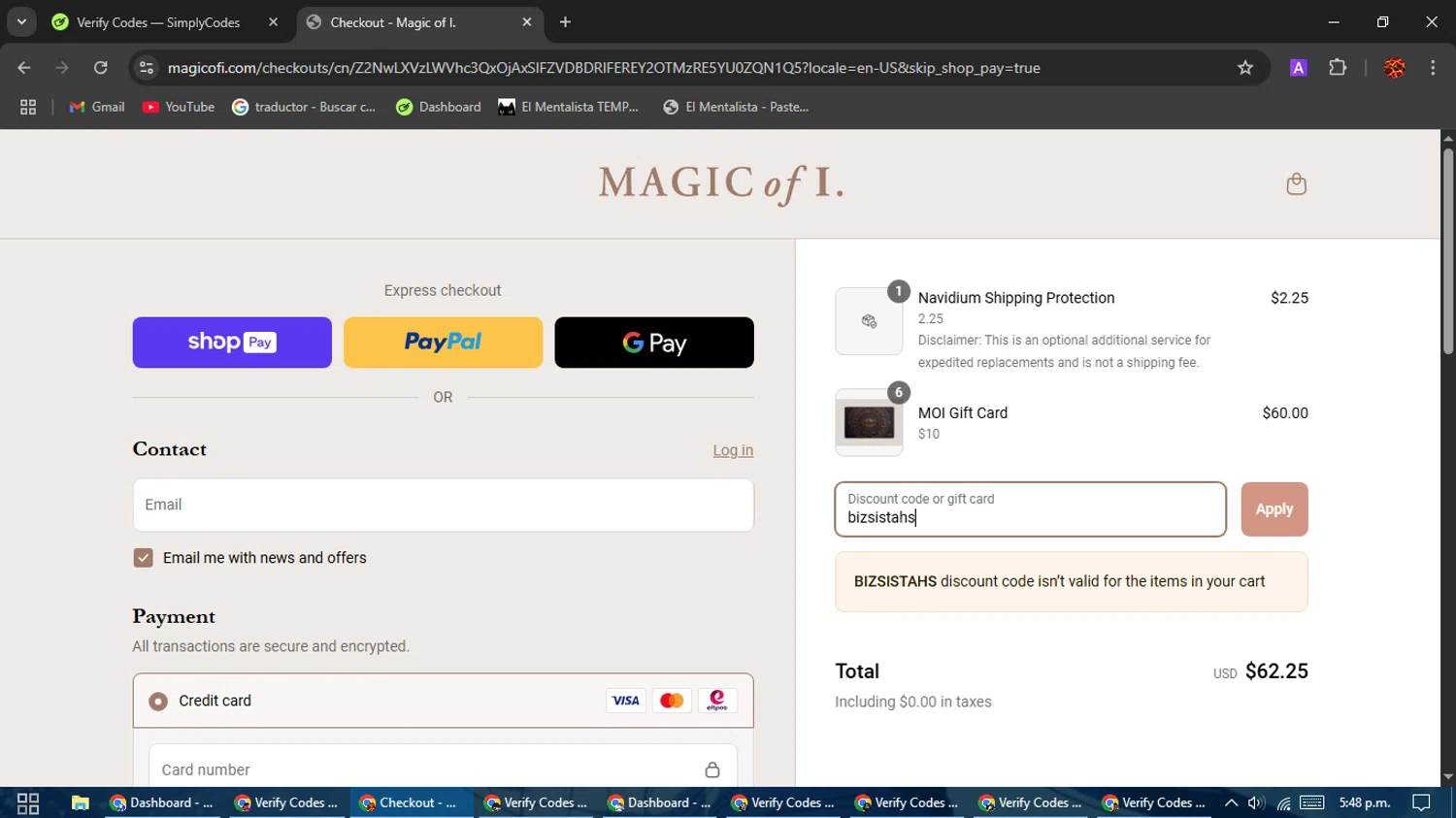 Magic of I discount code screenshot showing code bizsistahs applied at Magic of I checkout page. Uploaded by SimplyCodes community member Rodolfo on Apr 3, 2025