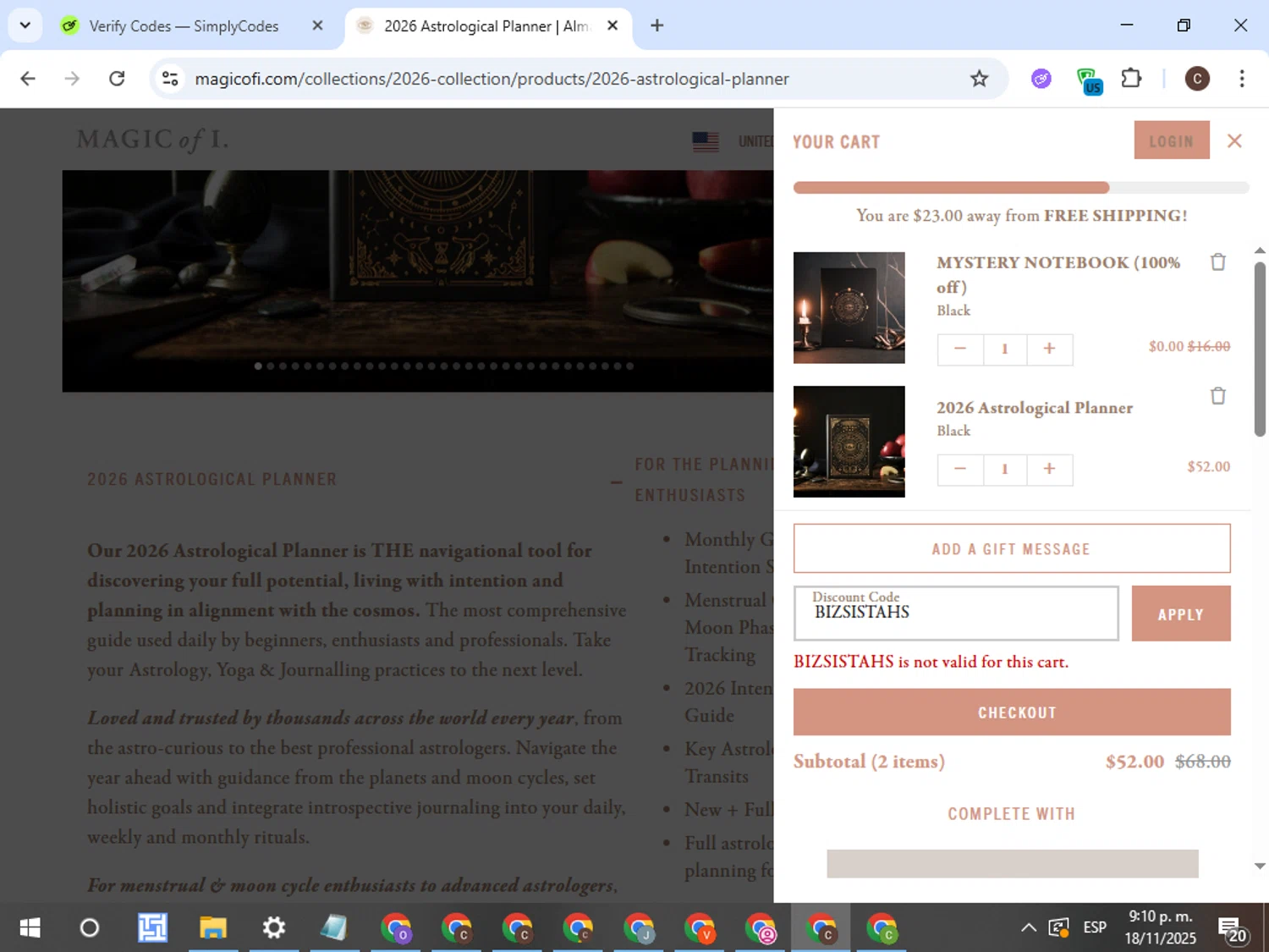 Magic of I discount code screenshot showing code bizsistahs applied at Magic of I checkout page. Uploaded by SimplyCodes community member TreasureFox8596 on Nov 19, 2025