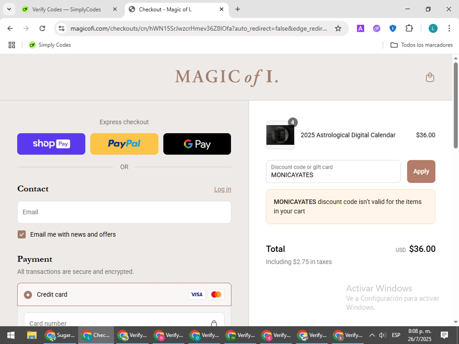 Magic of I discount code screenshot showing code MONICAYATES applied at Magic of I checkout page. Uploaded by SimplyCodes community member LuckyLegend792 on Jul 27, 2025