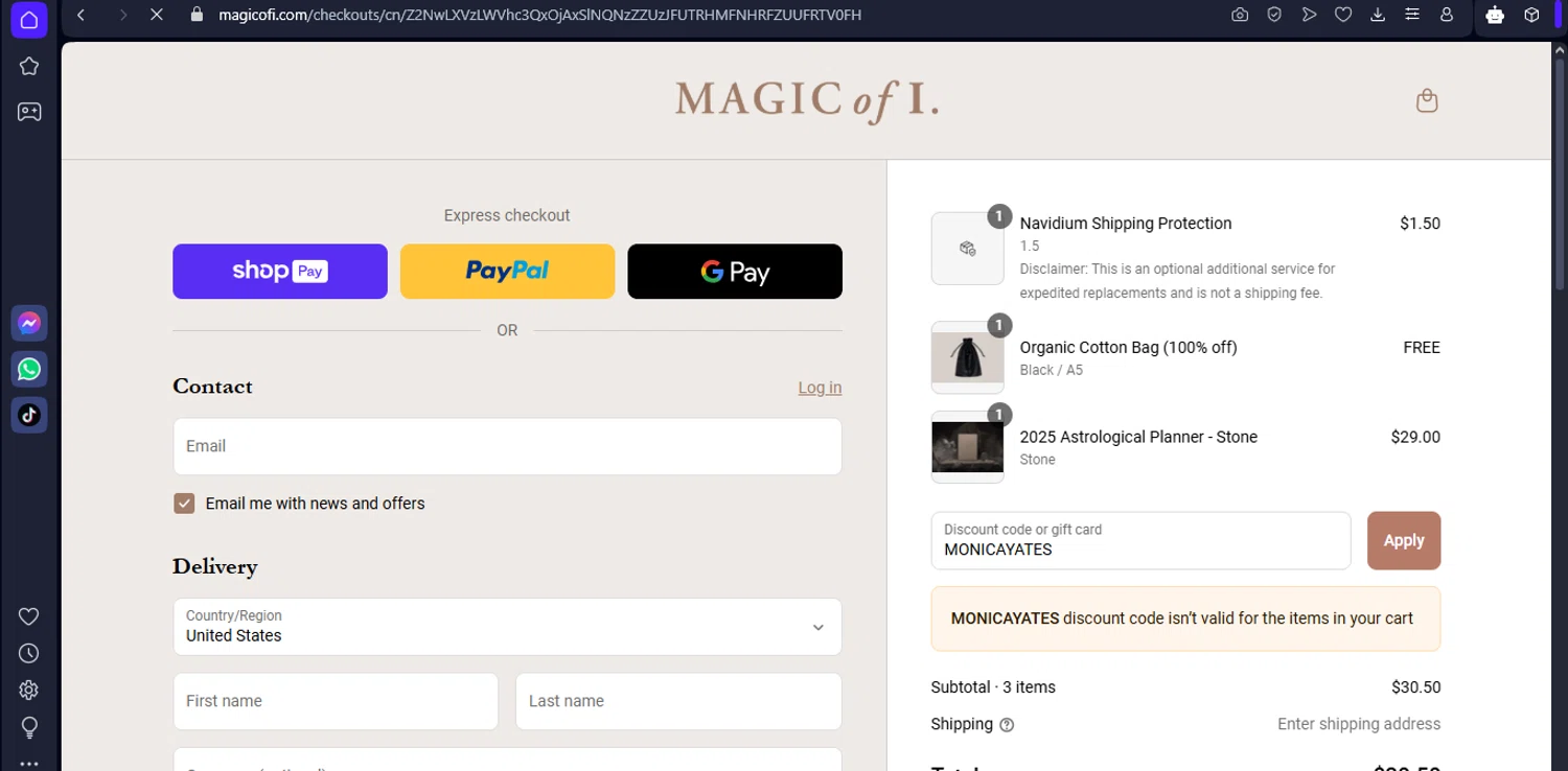 Magic of I discount code screenshot showing code MONICAYATES applied at Magic of I checkout page. Uploaded by SimplyCodes community member TokenFinder6469 on Apr 25, 2025