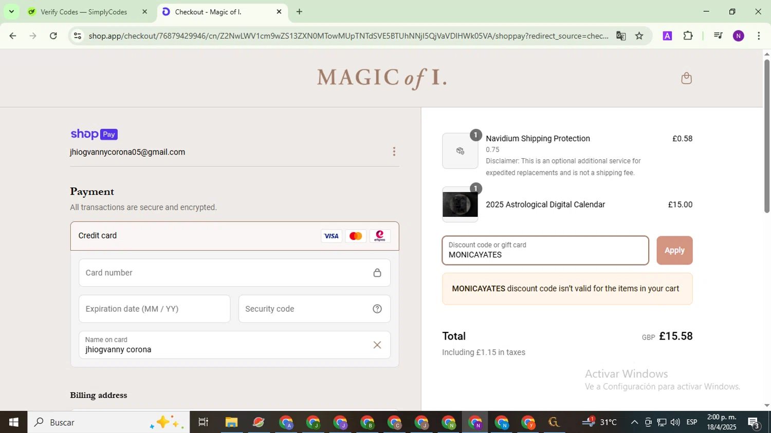 Magic of I discount code screenshot showing code MONICAYATES applied at Magic of I checkout page. Uploaded by SimplyCodes community member QuestOwl9632 on Apr 18, 2025
