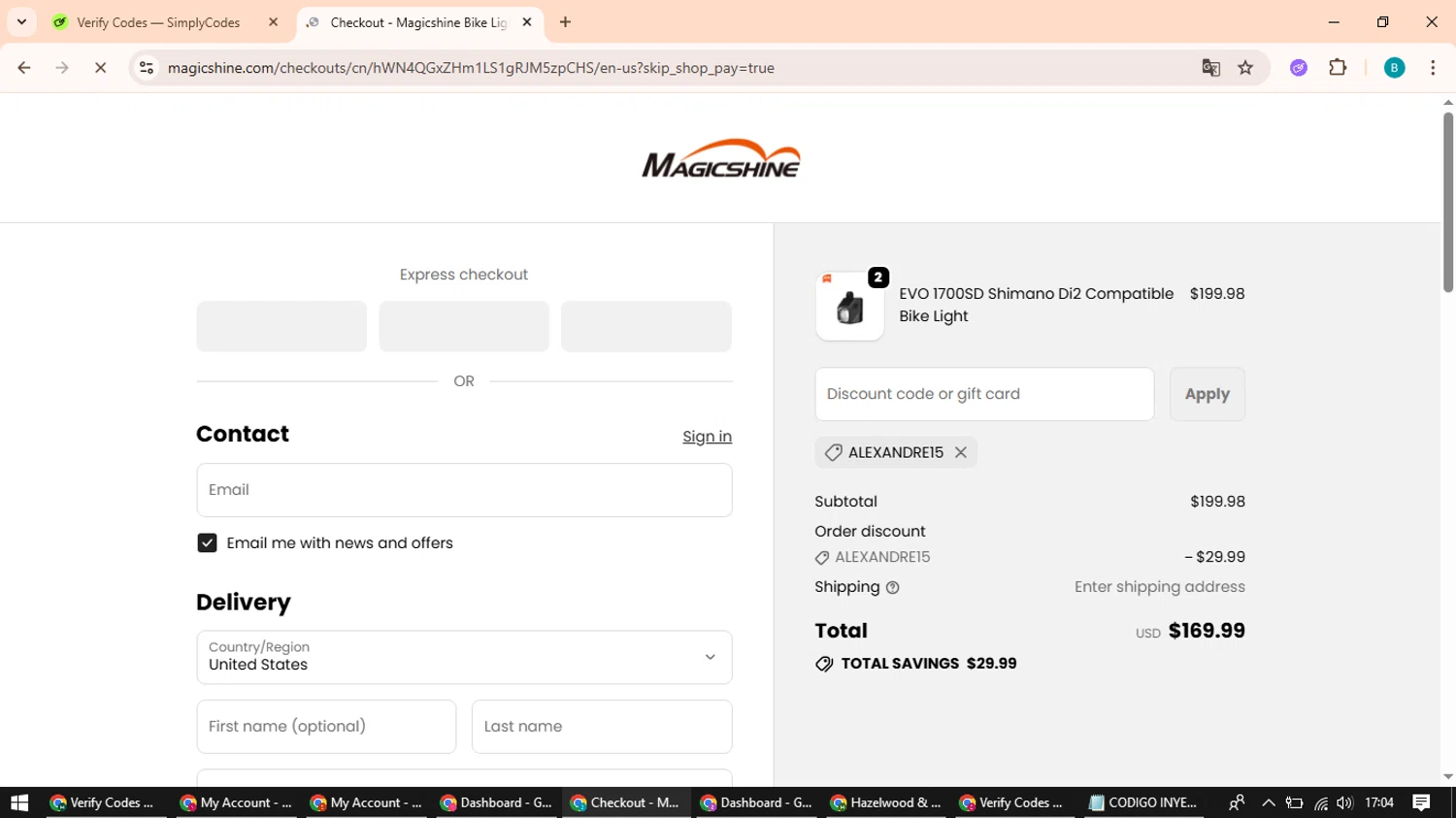 Magicshine US promo code screenshot showing code ALEXANDRE15 applied at Magicshine US checkout page. Uploaded by SimplyCodes community member QuestScholar5572 on Oct 22, 2025