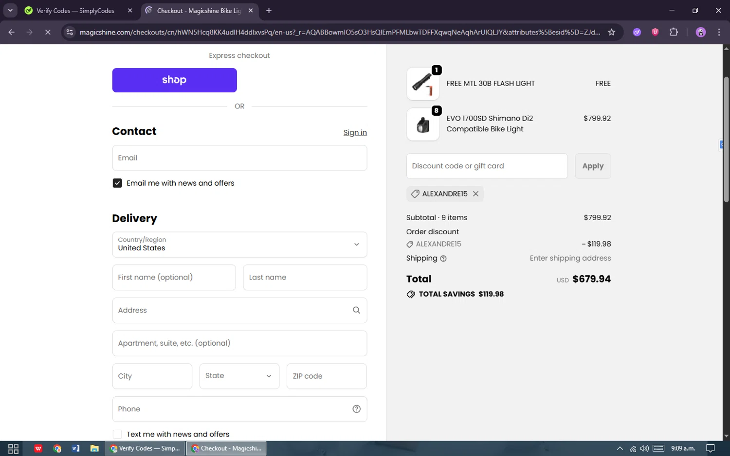 Magicshine US promo code screenshot showing code ALEXANDRE15 applied at Magicshine US checkout page. Uploaded by SimplyCodes community member WiseCurator3690 on Nov 14, 2025
