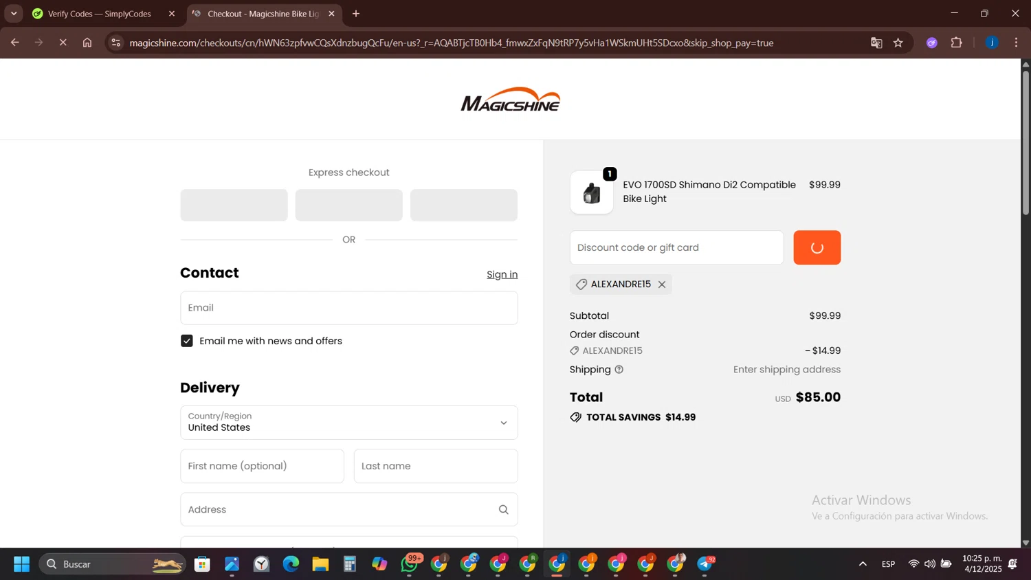 Magicshine US promo code screenshot showing code ALEXANDRE15 applied at Magicshine US checkout page. Uploaded by SimplyCodes community member yameteqdasai on Dec 5, 2025