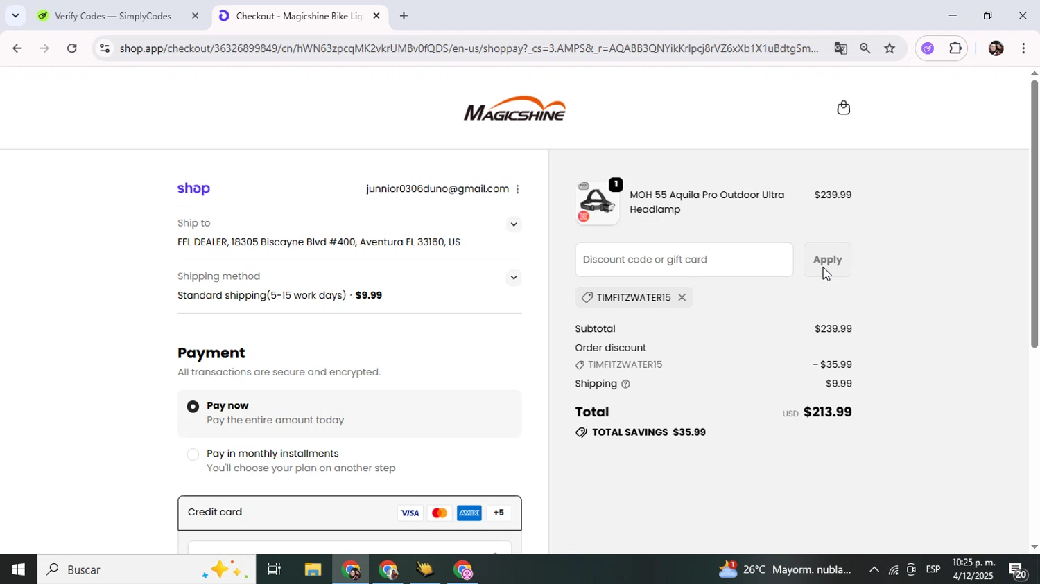 Magicshine US promo code screenshot showing code TIMFITZWATER15 applied at Magicshine US checkout page. Uploaded by SimplyCodes community member Junniorduno on Dec 5, 2025