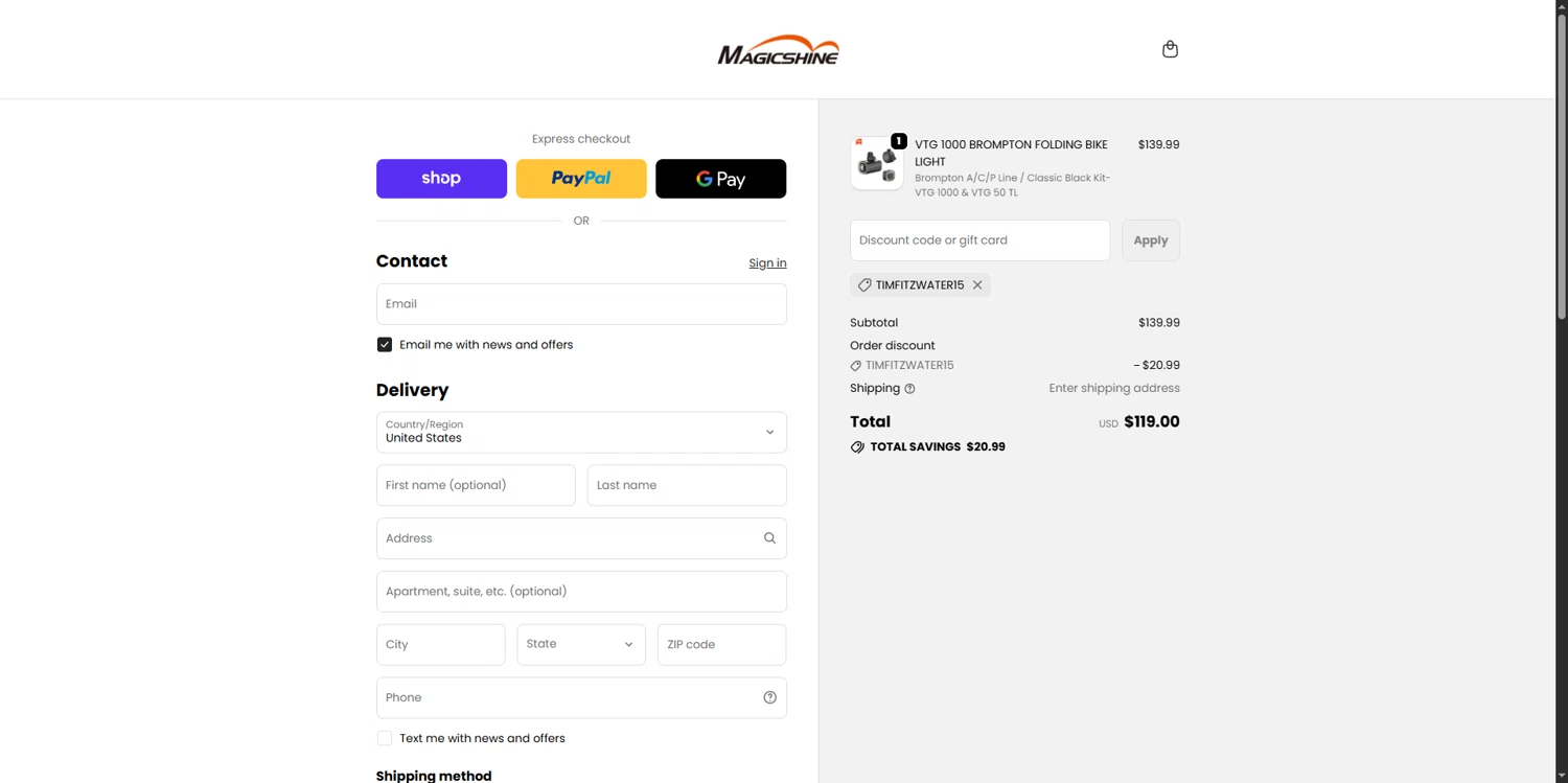 Magicshine US promo code screenshot showing code TIMFITZWATER15 applied at Magicshine US checkout page. Uploaded by SimplyCodes community member LazarAngelooo on Oct 18, 2025
