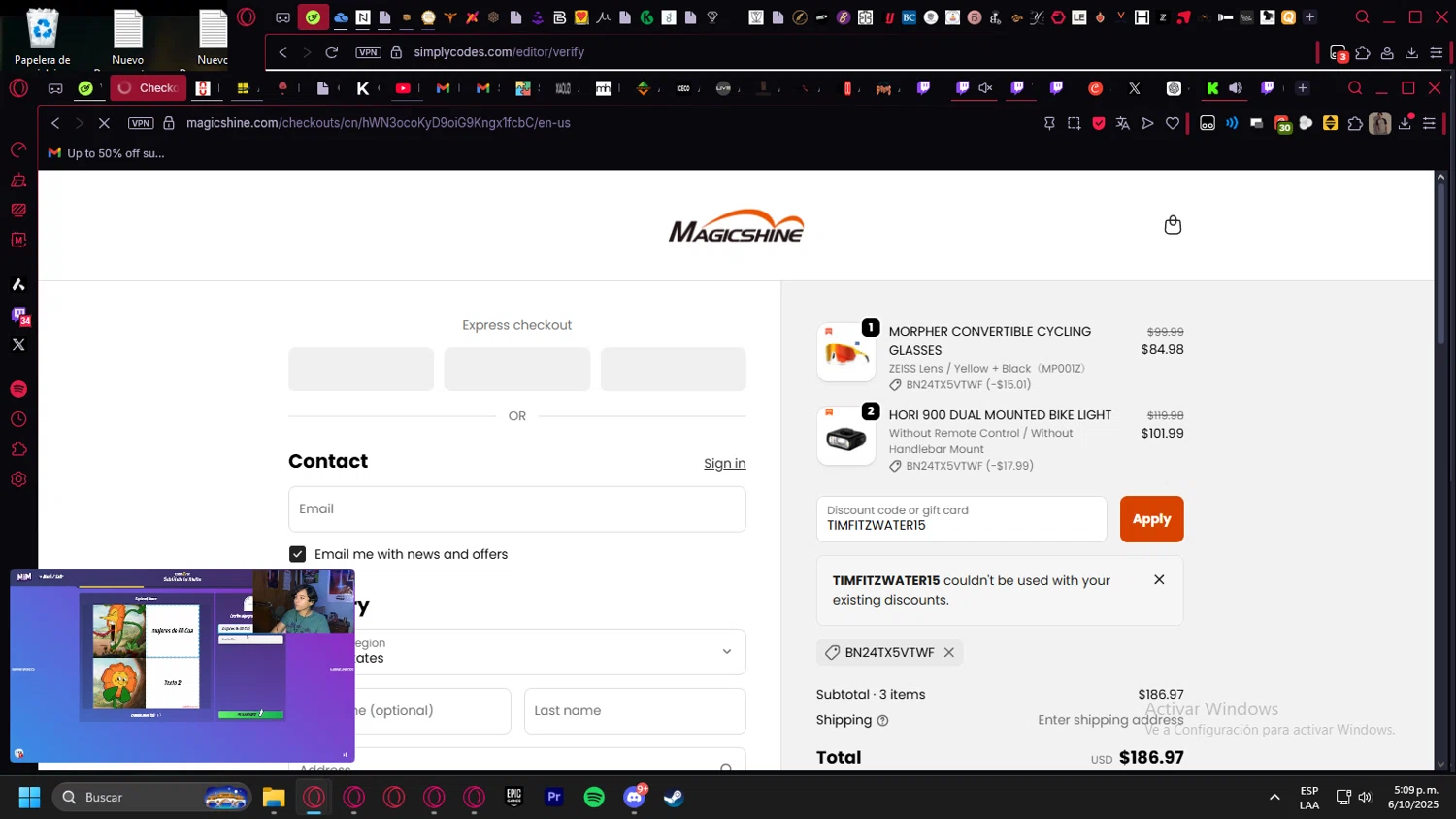 Magicshine US promo code screenshot showing code TIMFITZWATER15 applied at Magicshine US checkout page. Uploaded by SimplyCodes community member kurcovein on Oct 6, 2025