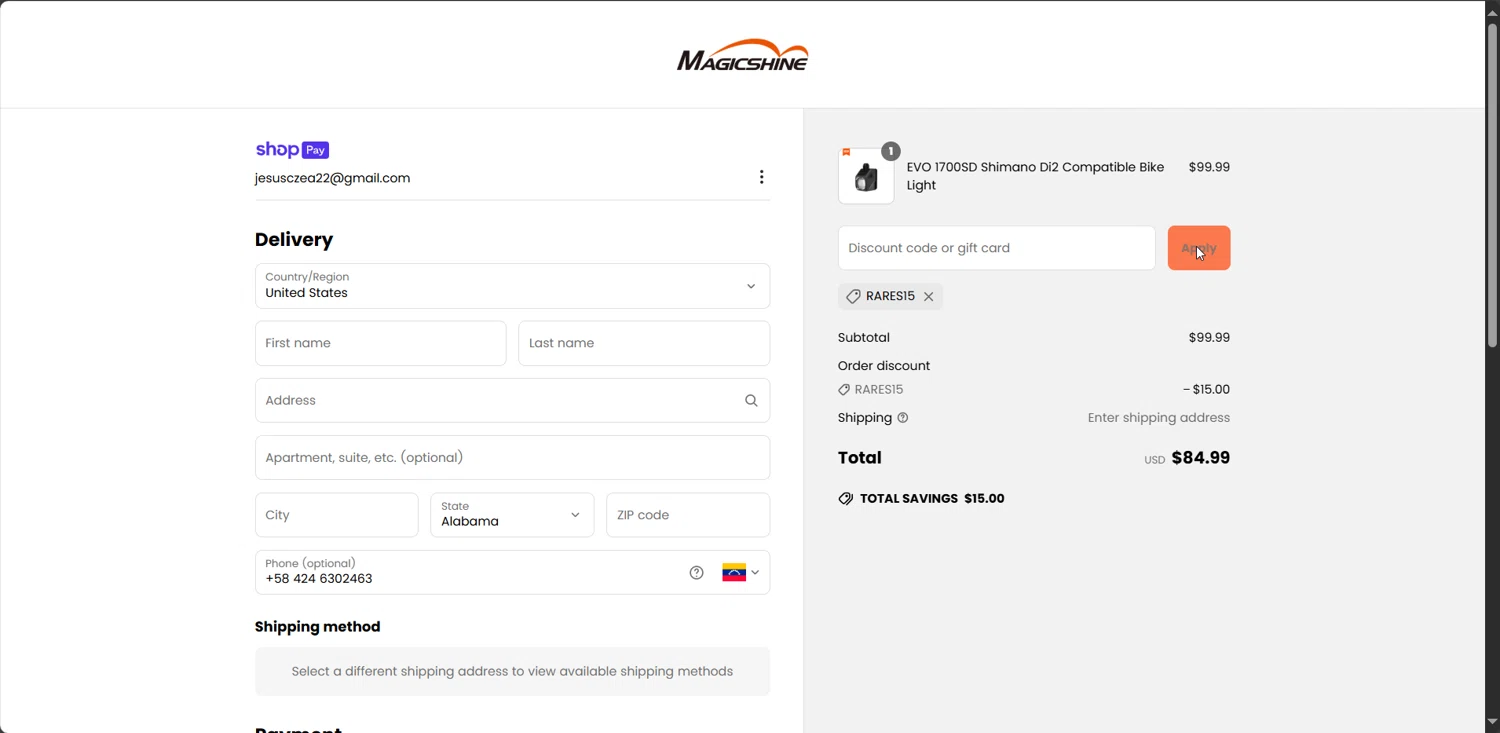 Magicshine US promo code screenshot showing code RARES15 applied at Magicshine US checkout page. Uploaded by SimplyCodes community member DonutPunks on May 25, 2025