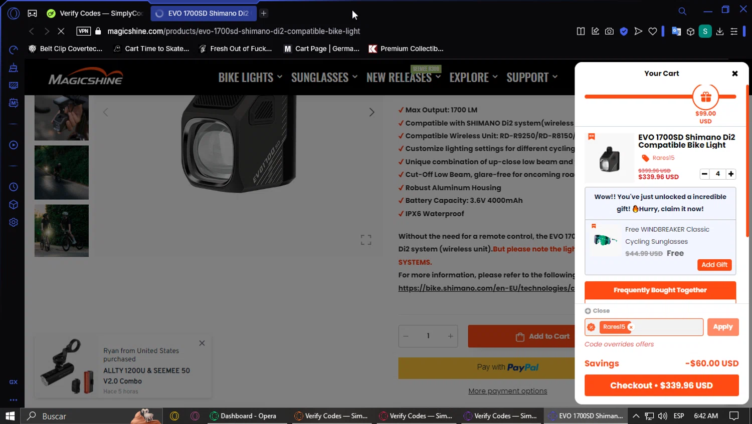 Magicshine US promo code screenshot showing code RARES15 applied at Magicshine US checkout page. Uploaded by SimplyCodes community member PennyFox1280 on Mar 6, 2025
