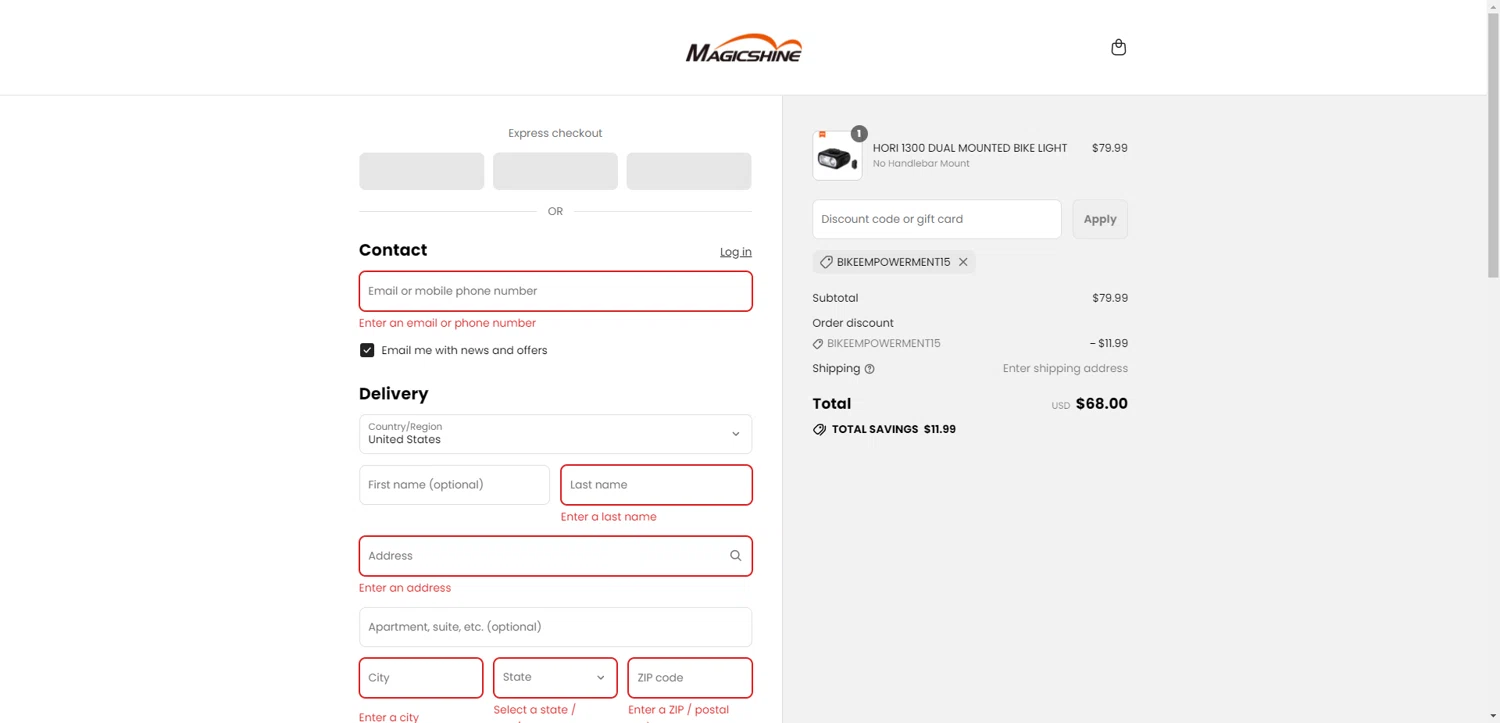 Magicshine US promo code screenshot showing code BIKEEMPOWERMENT15 applied at Magicshine US checkout page. Uploaded by SimplyCodes community member DiscountWarden480 on Aug 16, 2025