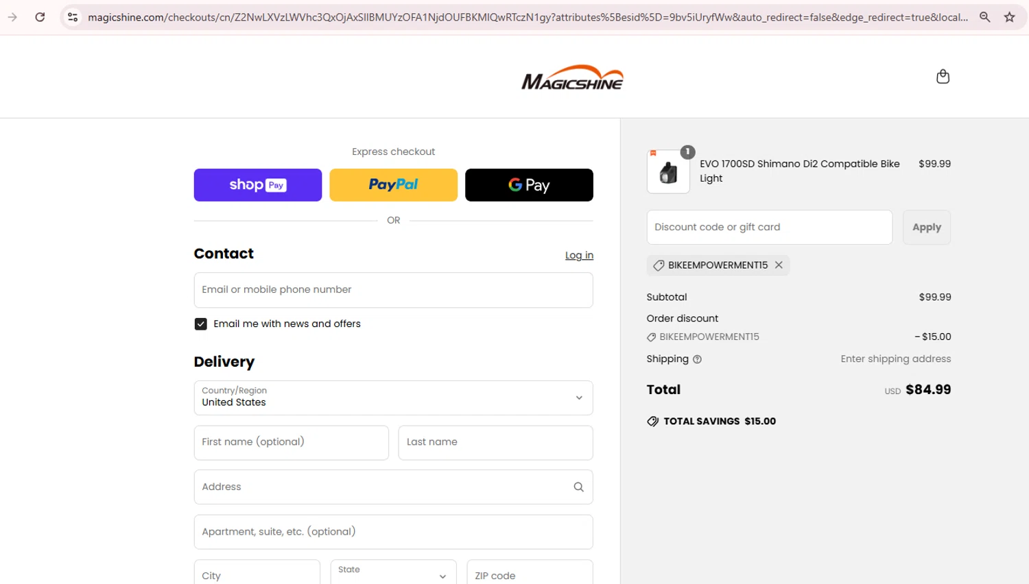 Magicshine US promo code screenshot showing code BIKEEMPOWERMENT15 applied at Magicshine US checkout page. Uploaded by SimplyCodes community member Teamgorila on Jun 21, 2025
