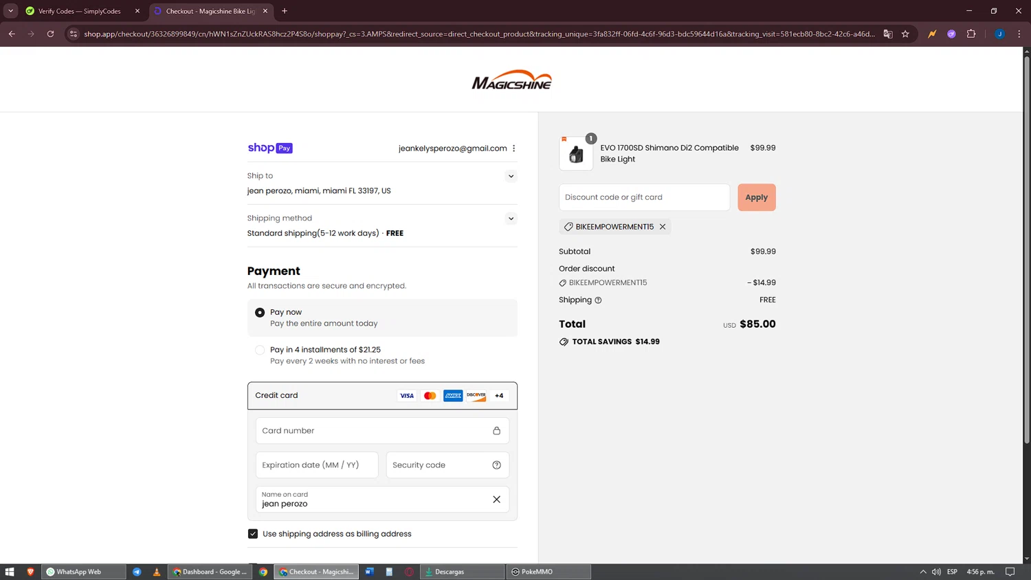 Magicshine US promo code screenshot showing code BIKEEMPOWERMENT15 applied at Magicshine US checkout page. Uploaded by SimplyCodes community member oscarbeaujon on Aug 16, 2025
