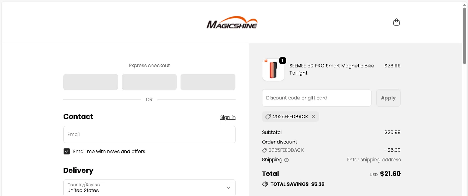 Magicshine US promo code screenshot showing code 2025FEEDBACK applied at Magicshine US checkout page. Uploaded by SimplyCodes community member shark12 on Dec 23, 2025