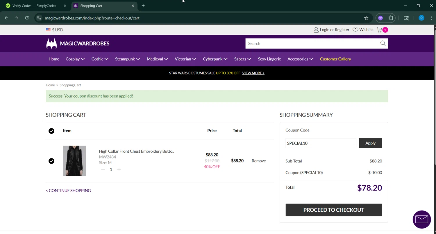 Magic Wardrobes coupon code screenshot showing code SPECIAL10 applied at Magic Wardrobes checkout page. Uploaded by SimplyCodes community member GoldAdmiral5202 on Jun 16, 2025