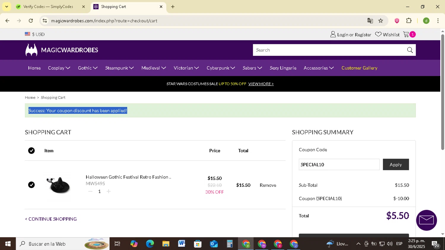 Magic Wardrobes coupon code screenshot showing code SPECIAL10 applied at Magic Wardrobes checkout page. Uploaded by SimplyCodes community member SavingsSentinel833 on Jun 30, 2025
