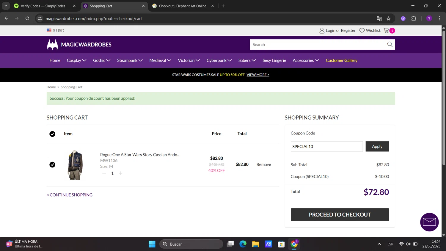 Magic Wardrobes coupon code screenshot showing code SPECIAL10 applied at Magic Wardrobes checkout page. Uploaded by SimplyCodes community member sorialbam on Jun 23, 2025