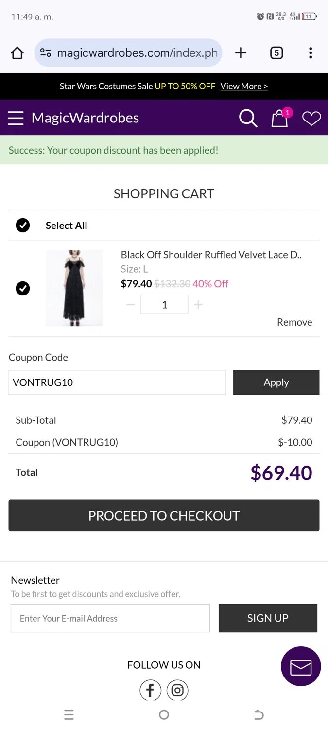 Magic Wardrobes coupon code screenshot showing code VONTRUG10 applied at Magic Wardrobes checkout page. Uploaded by SimplyCodes community member ElonMusk on May 19, 2025