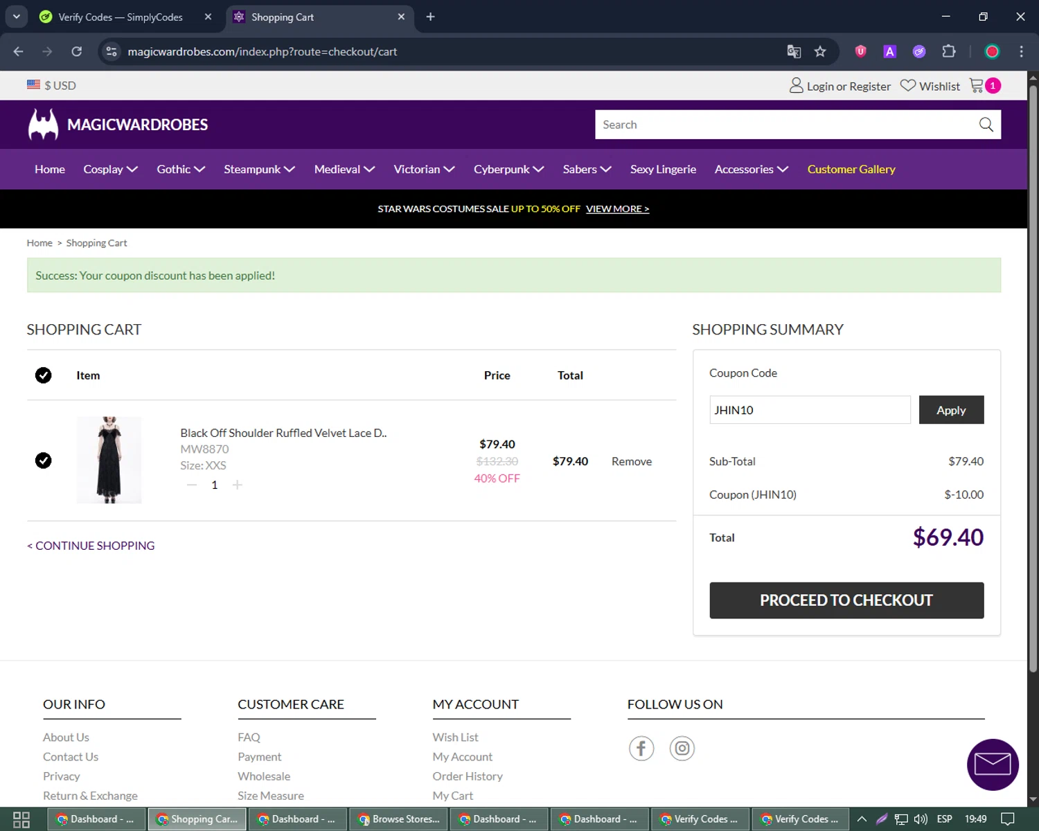 Magic Wardrobes coupon code screenshot showing code JHIN10 applied at Magic Wardrobes checkout page. Uploaded by SimplyCodes community member Joseph_Davis on Jun 16, 2025