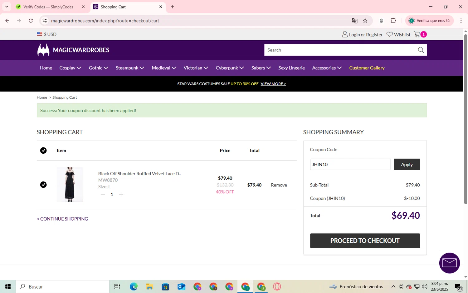 Magic Wardrobes coupon code screenshot showing code JHIN10 applied at Magic Wardrobes checkout page. Uploaded by SimplyCodes community member SmartShopper4328 on Jun 23, 2025