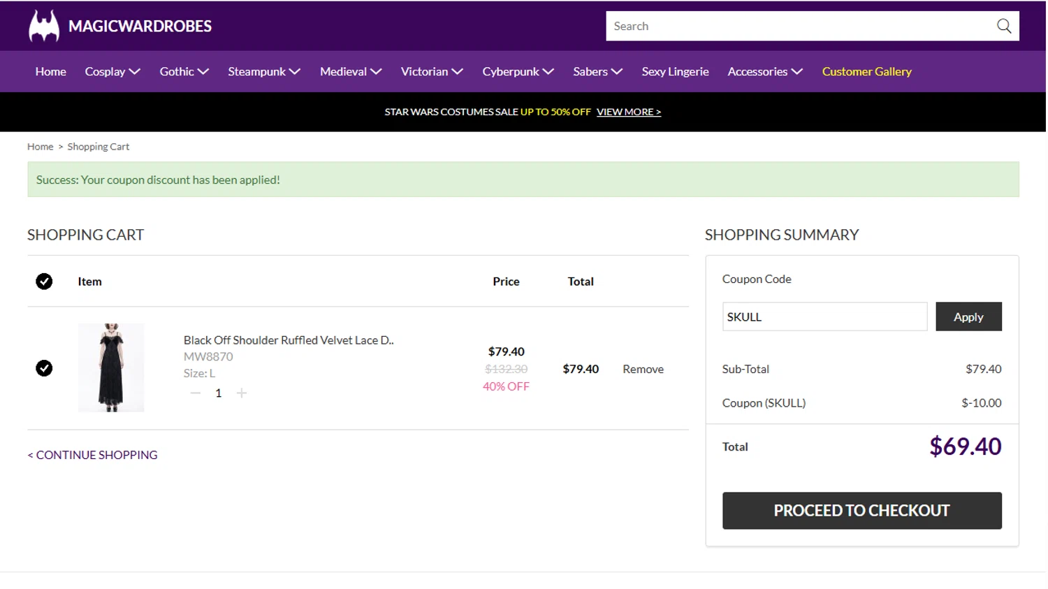 Magic Wardrobes coupon code screenshot showing code SKULL applied at Magic Wardrobes checkout page. Uploaded by SimplyCodes community member Volibear on Jun 23, 2025