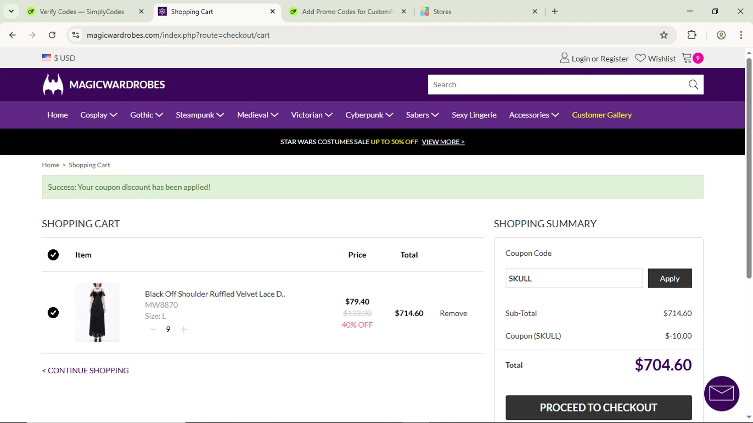 Magic Wardrobes coupon code screenshot showing code SKULL applied at Magic Wardrobes checkout page. Uploaded by SimplyCodes community member ScanPhoenix3549 on Jun 16, 2025