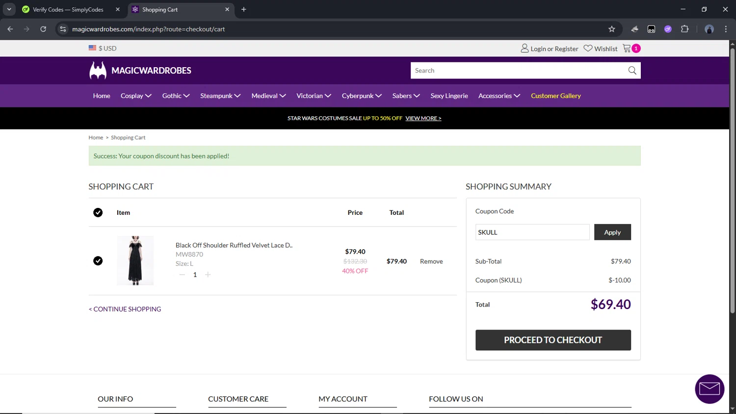 Magic Wardrobes coupon code screenshot showing code SKULL applied at Magic Wardrobes checkout page. Uploaded by SimplyCodes community member Time_sin_filtro on Jun 30, 2025