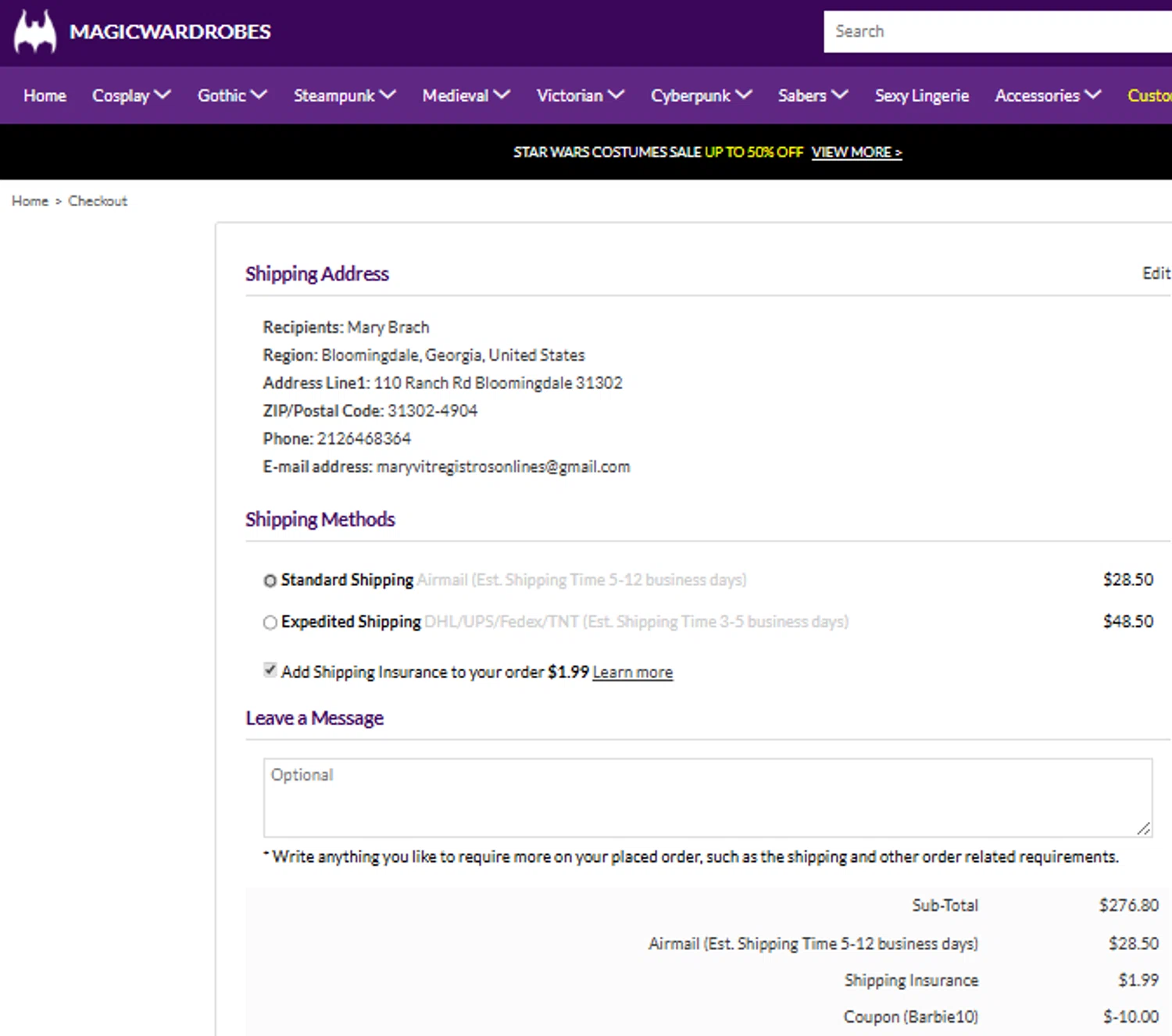 Magic Wardrobes coupon code screenshot showing code Barbie10 applied at Magic Wardrobes checkout page. Uploaded by SimplyCodes community member GloriousCollector9521 on Jun 30, 2025