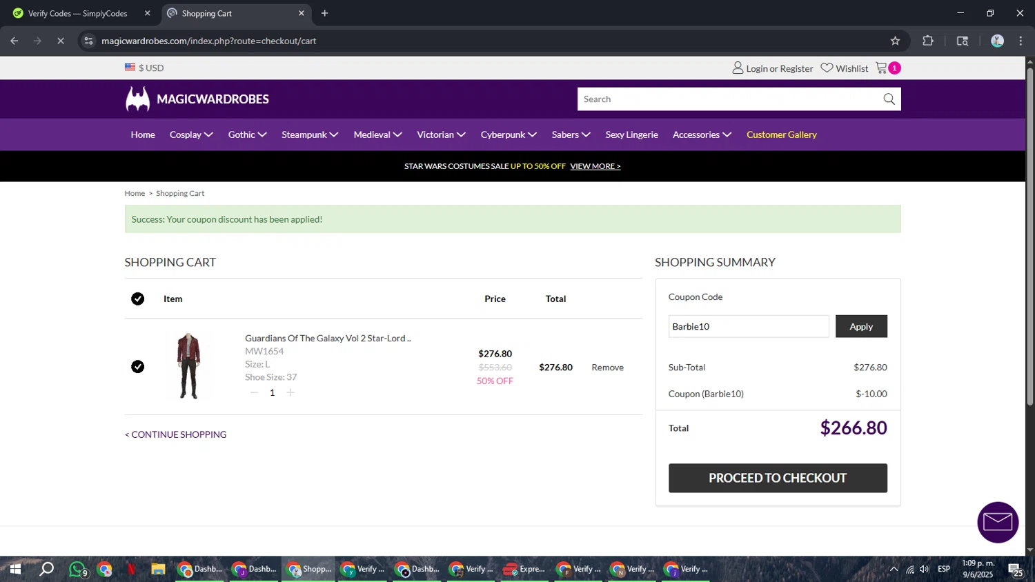 Magic Wardrobes coupon code screenshot showing code Barbie10 applied at Magic Wardrobes checkout page. Uploaded by SimplyCodes community member ShrewdSeeker6165 on Jun 9, 2025
