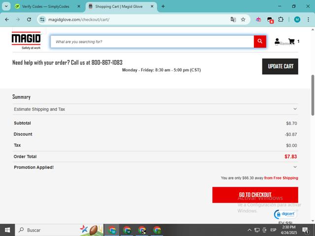Magid Glove checkout page showing Magid Glove coupon code box | Screenshot taken by SimplyCodes community member on Apr 24, 2025