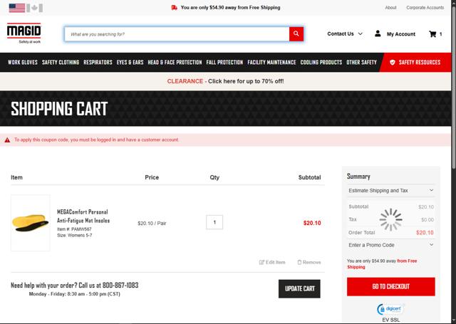 Magid Glove checkout page showing Magid Glove coupon code box | Screenshot taken by SimplyCodes community member on Jul 30, 2025