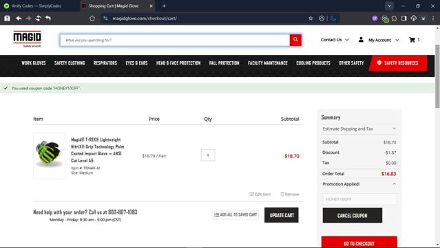 Magid Glove checkout page showing Magid Glove coupon code box | Screenshot taken by SimplyCodes community member on Aug 28, 2025