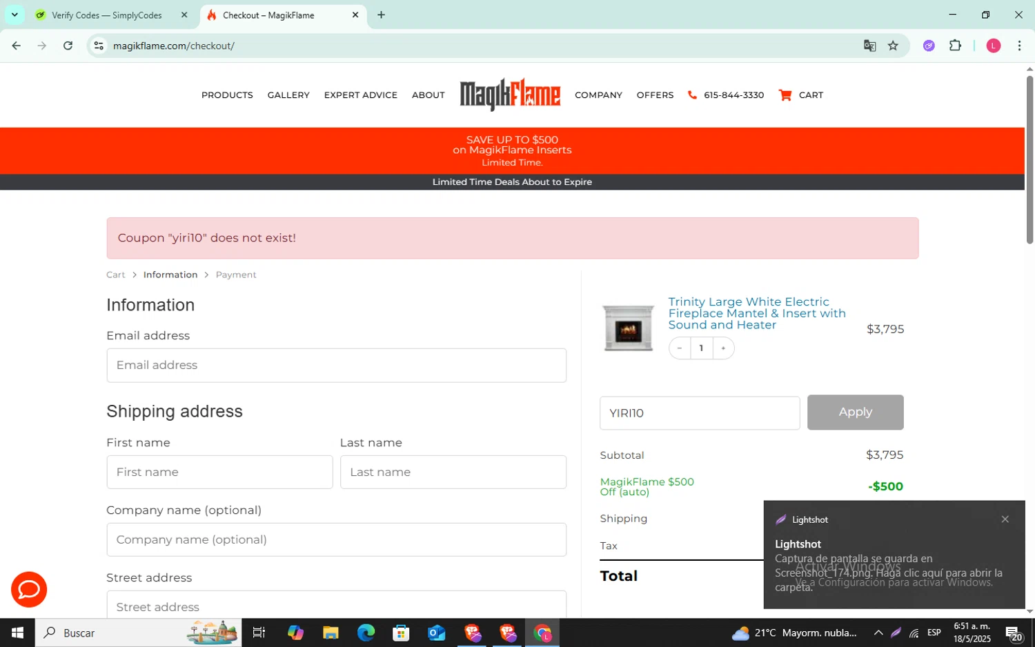 Magikflame coupon code screenshot showing code MAGIKFLAME250 applied at Magikflame checkout page. Uploaded by SimplyCodes community member SilverFox3257 on May 18, 2025