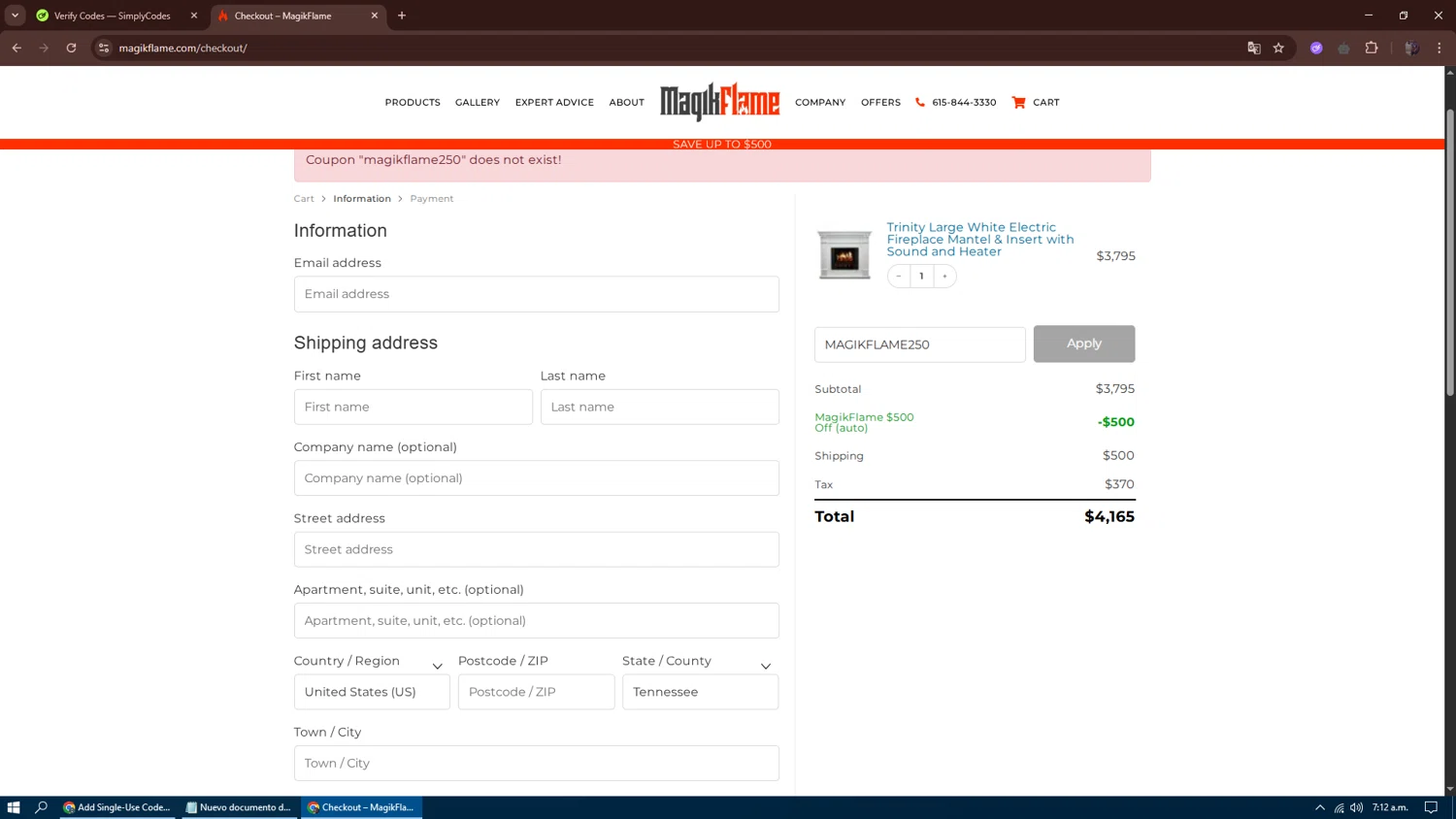 Magikflame coupon code screenshot showing code MAGIKFLAME250 applied at Magikflame checkout page. Uploaded by SimplyCodes community member dennygomez on May 18, 2025