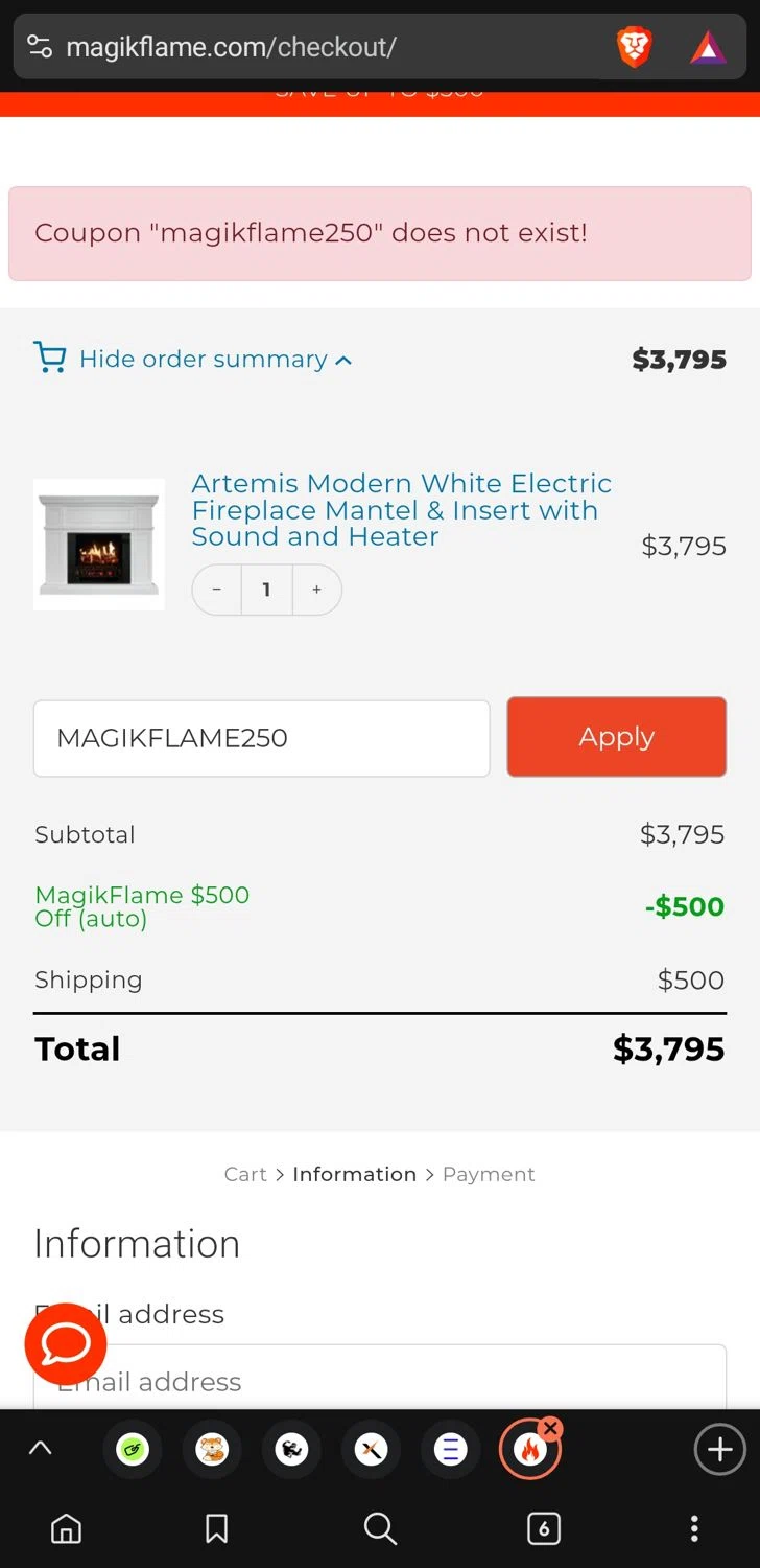 Magikflame coupon code screenshot showing code MAGIKFLAME250 applied at Magikflame checkout page. Uploaded by SimplyCodes community member conorgrey on May 18, 2025