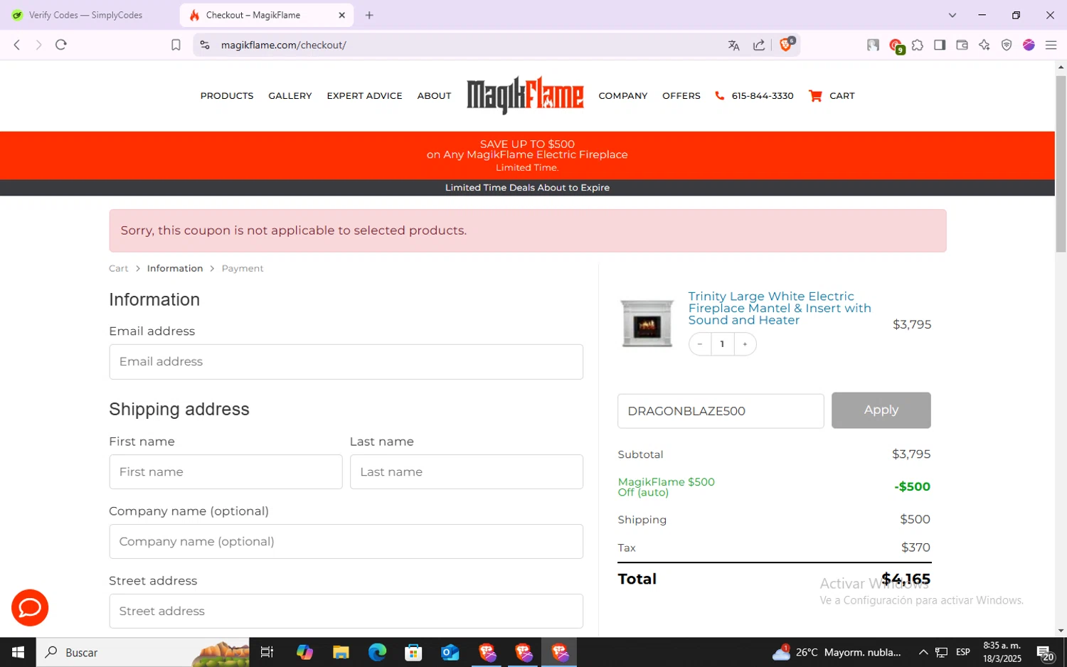 Magikflame coupon code screenshot showing code DRAGONBLAZE500 applied at Magikflame checkout page. Uploaded by SimplyCodes community member VoucherSpotter6910 on Mar 18, 2025