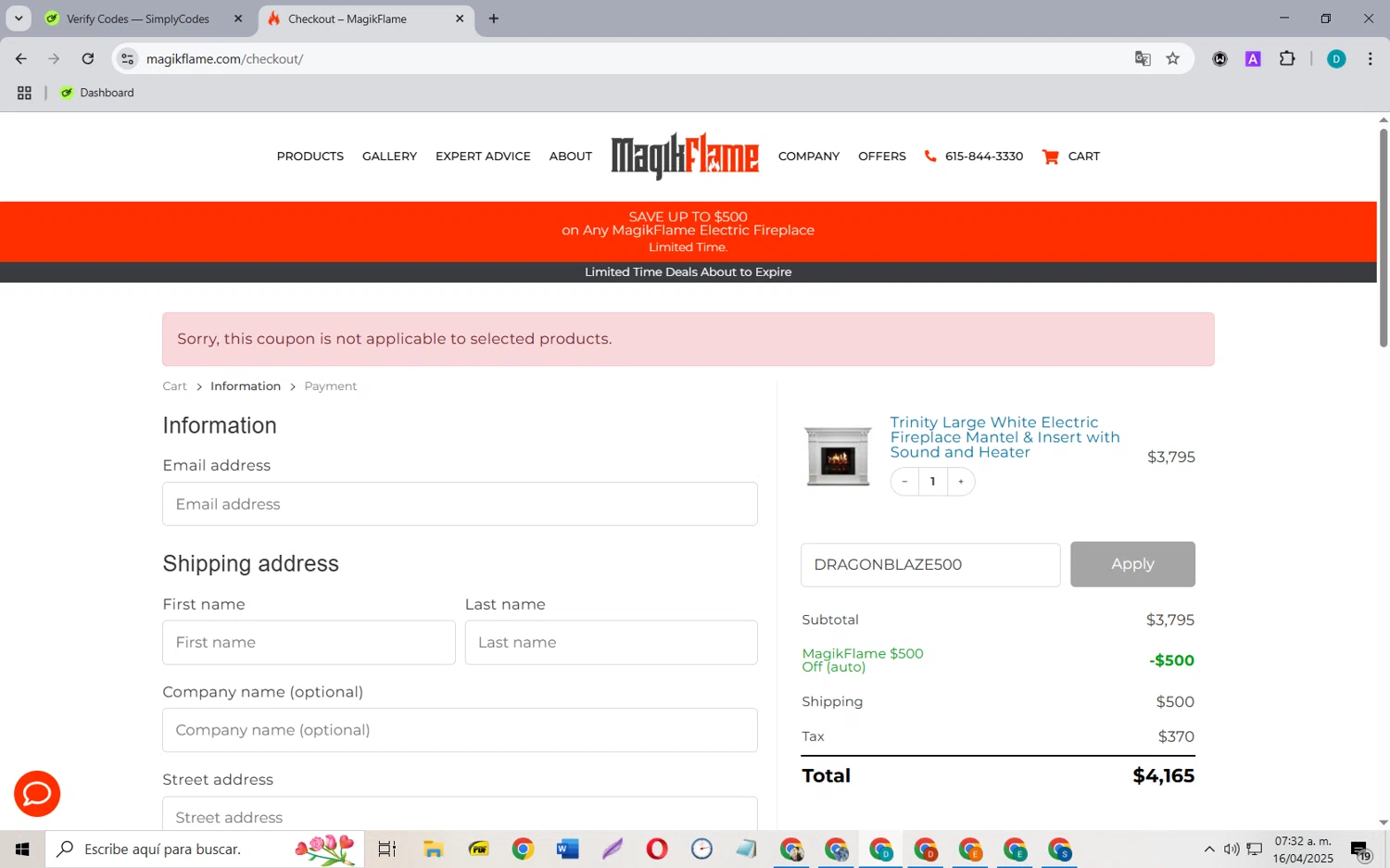 Magikflame coupon code screenshot showing code DRAGONBLAZE500 applied at Magikflame checkout page. Uploaded by SimplyCodes community member MagnificentCollector5368 on Apr 16, 2025