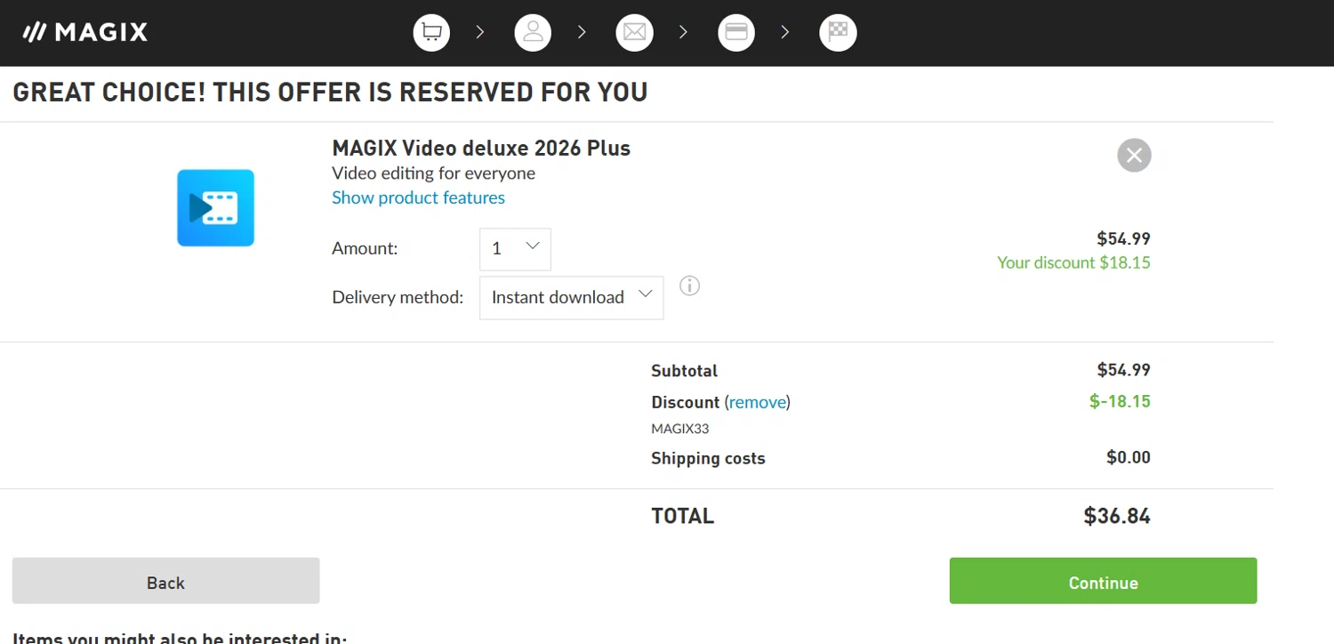 Magix promo code screenshot showing code MAGIX33 applied at Magix checkout page. Uploaded by SimplyCodes community member JasnibelEgu on Jan 31, 2026