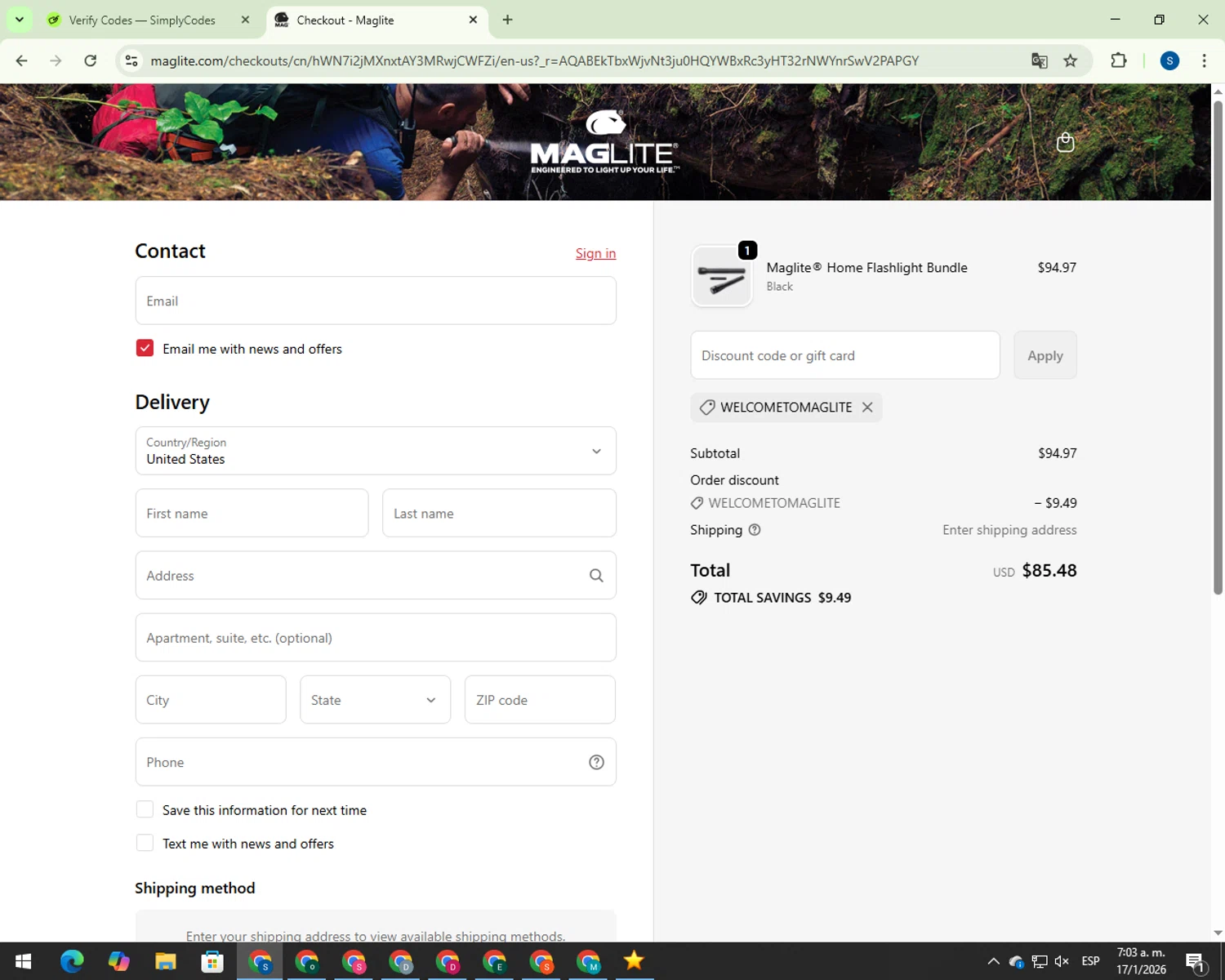 Maglite discount code screenshot showing code WELCOMETOMAGLITE applied at Maglite checkout page. Uploaded by SimplyCodes community member 00000007 on Jan 17, 2026