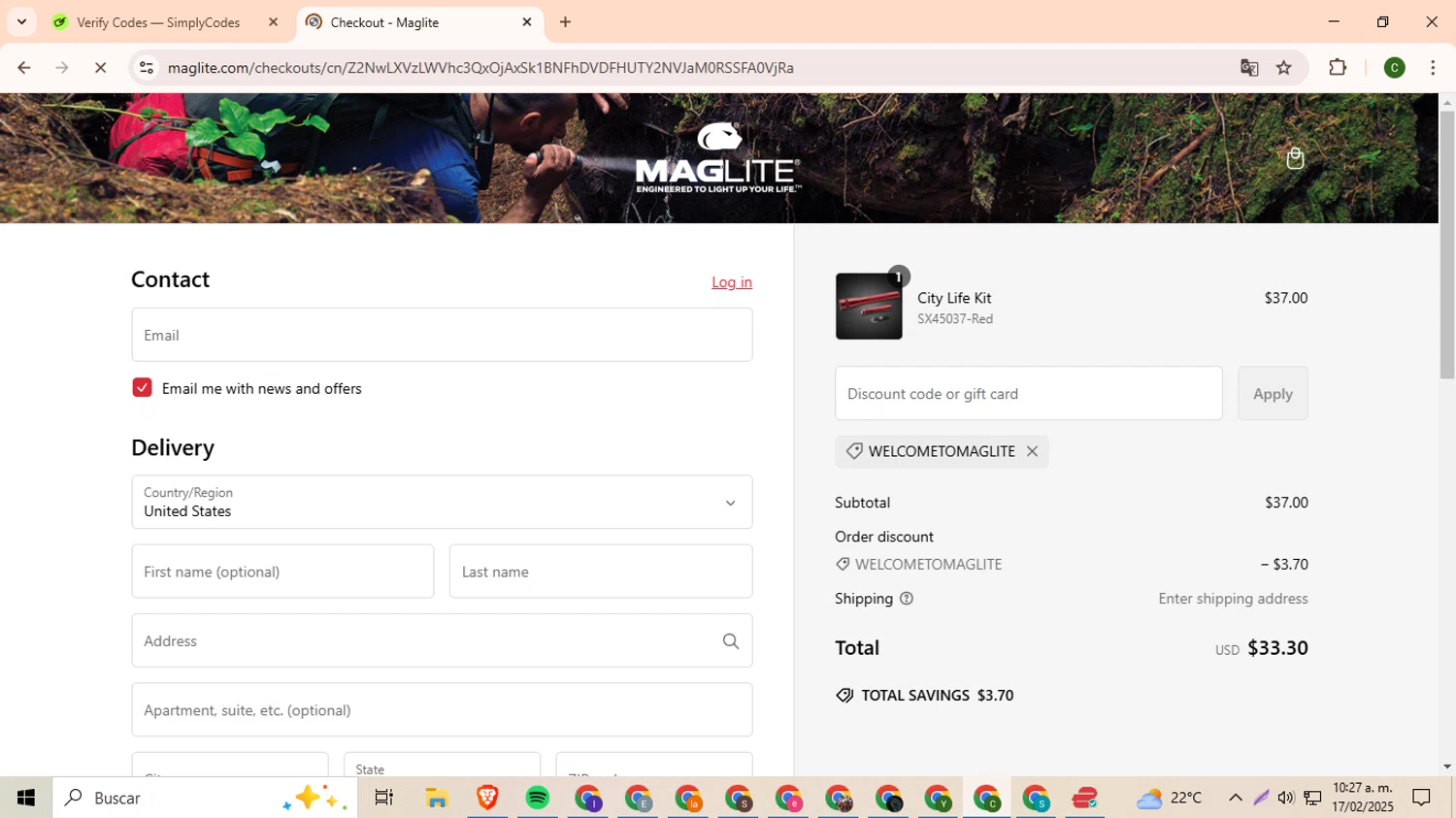 Maglite discount code screenshot showing code WELCOMETOMAGLITE applied at Maglite checkout page. Uploaded by SimplyCodes community member DevianArt on Feb 17, 2025